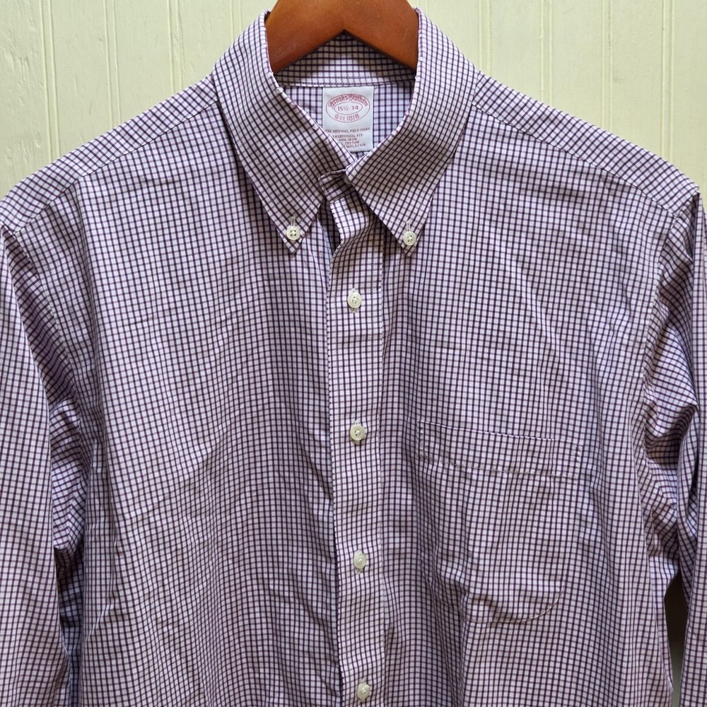 Brooks Brothers Shirt Mens 15.5 34/35 Purple Check Classic Fit Non Iron Cotton